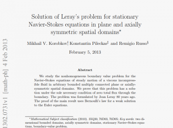 <strong>«Solution of Leray’s problem for the stationary Navier-Stokes equations in plane domains»</strong>